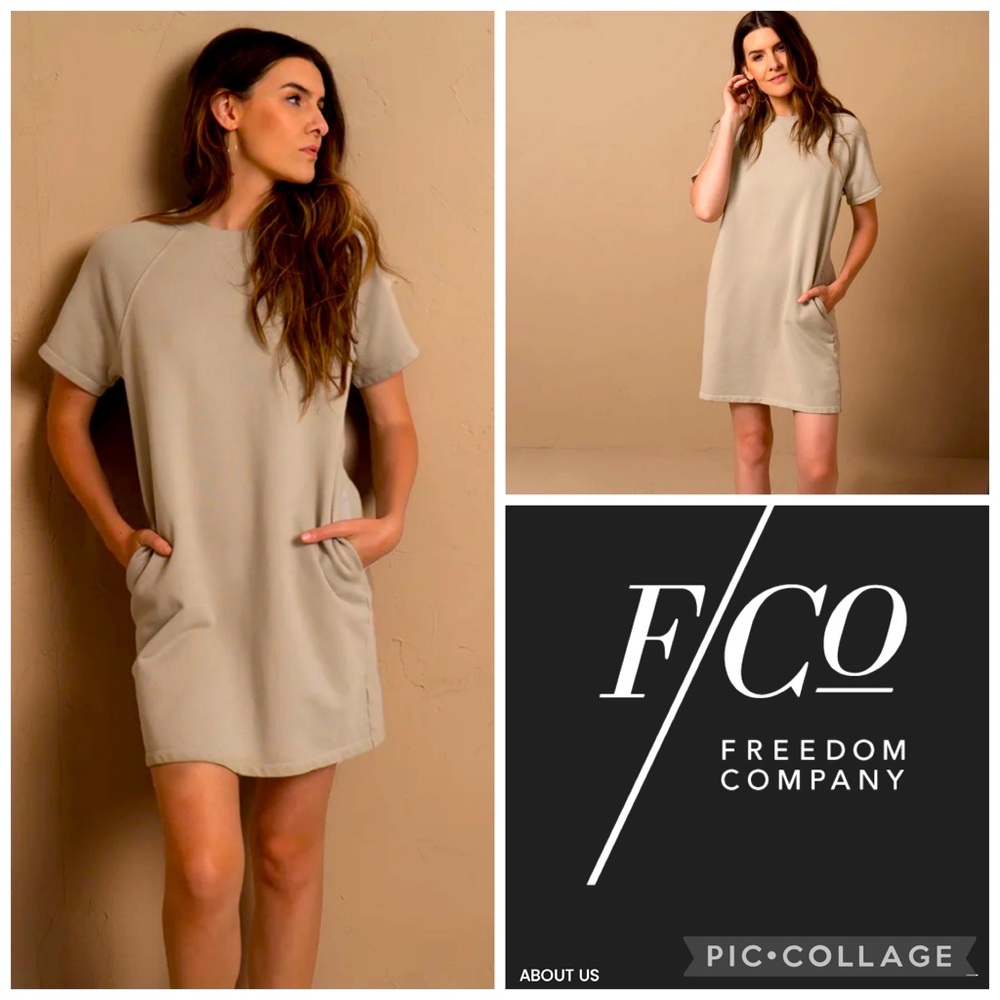 Freedom Company Short Sleeve Sweatshirt Dress Pockets XS Taupe Made in USA
